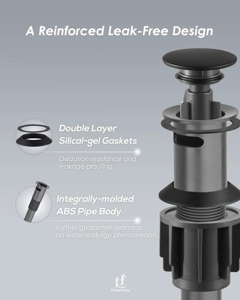 Detailed view of Matte Black ABS Pop Up Sink Drain With Overflow For Bathroom Vessel Sink Lavatory Vanity Easy Install No Leak Drama