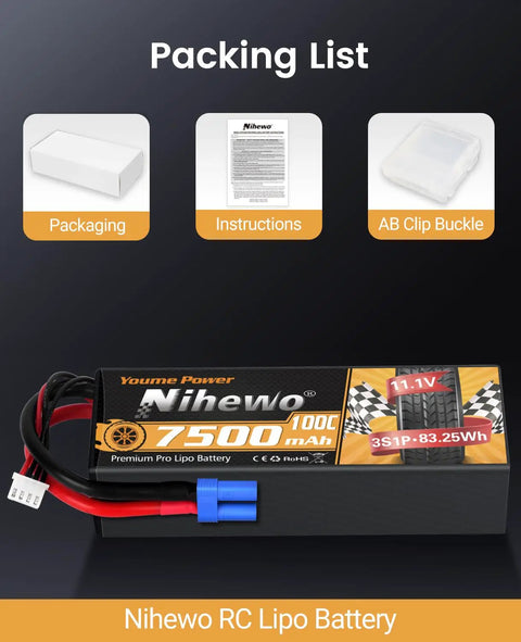 3S 11.1V 7500mAh RC LiPo Battery 100C with EC5 connector in packaging with instructions and AB clip buckle visible