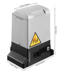 Automatic Sliding Gate Opener 750W Electric Gate Operator with dimensions and warning labels visible.