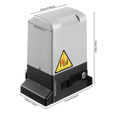 Automatic Sliding Gate Opener 750W Electric Gate Operator with dimensions and warning labels visible.