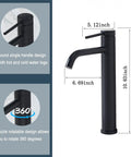 Diagram of Go-To Matte Black Vessel Sink Faucet Tall And Sleek For 1 Hole Mount 360 Degree Swivel Single Handle Mixer with measurements.