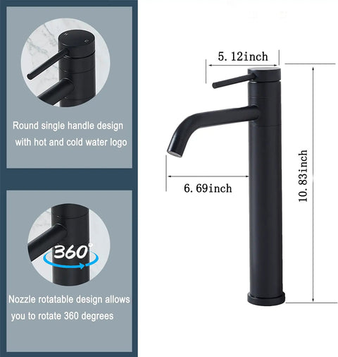 Diagram of Go-To Matte Black Vessel Sink Faucet Tall And Sleek For 1 Hole Mount 360 Degree Swivel Single Handle Mixer with measurements.