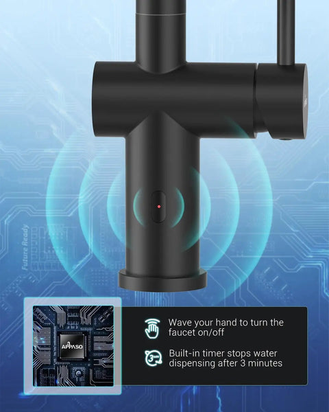 Detail of Matte Black Touchless Kitchen Faucet With Pull Down Sprayer, Hands Free Sensor, 3 Minute Timer, tech features