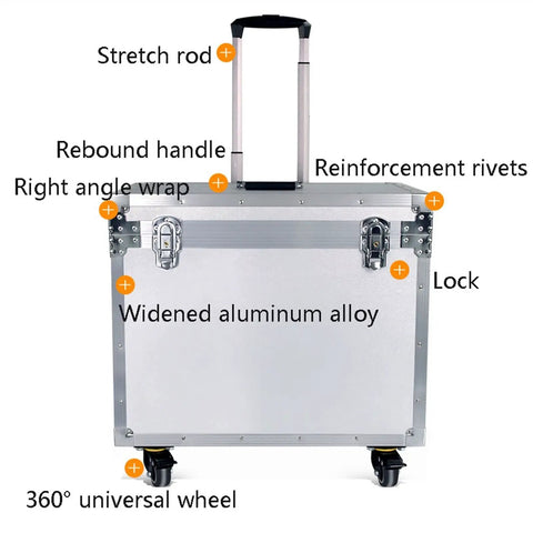Front view of a heavy duty rolling tool box with telescopic handle and wheels. Aluminum alloy body, secure locks, for tools and parts.