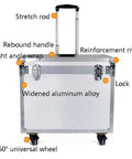 Front view of Beast Rolling Outdoor Tool Box With Telescopic Handle And Wheels, Heavy Duty Aluminum Toolbox Organizer, showing features and wheels.