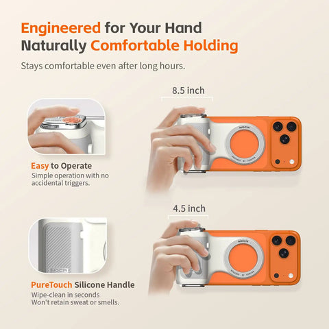 Magnetic iPhone Camera Grip With Removable Remote And Built In Keychain shown in 8.5 and 4.5 inch sizes with silicone handle