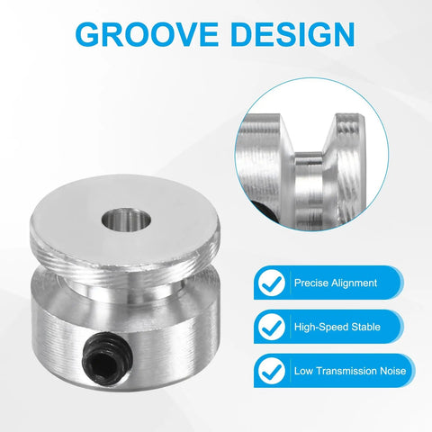 4mm Bore 16mm OD Single Groove Aluminum V Belt Pulley Kit With Hex Wrench For Motor Shafts Drilling Machines 2 Pack 4mm PU Round Belts Silver Ideal For Small DIY Projects And CNC Tools. aluminum pulley with single groove and bore close-up