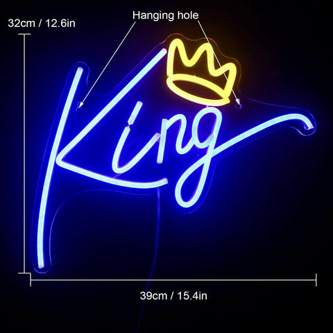King Neon Sign Blue Letters LED Neon Light With Pink Crown Wall Decor For Bedroom Kids Room Teen Boys Room Birthday Wedding Party Bar Decor USB Powered Plug In Easy And Vibe Ready To Shine, dimensions 15.4 x 12.6 inches