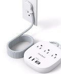 Ultra Thin 10 Foot Flat Plug Power Strip with 3 Outlets and 4 USB Ports, curved white body, braided 10ft cord, plugged in