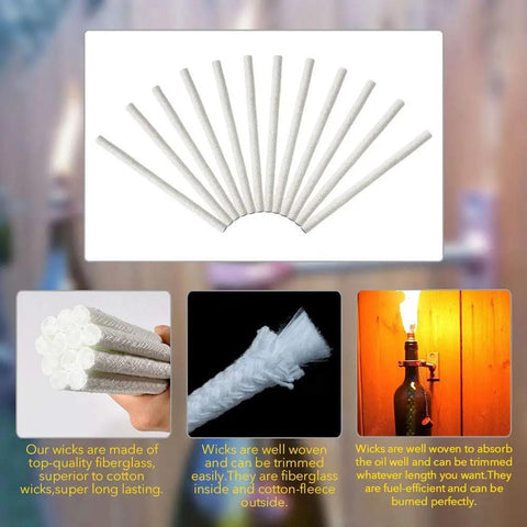 12 Pack Fiberglass Replacement Wicks For Tiki Torches And Wine Bottle Torches Outdoor Patio Lighting Lanterns And Oil Lamps Long Burning Odorless Trimable displayed on colorful background with features