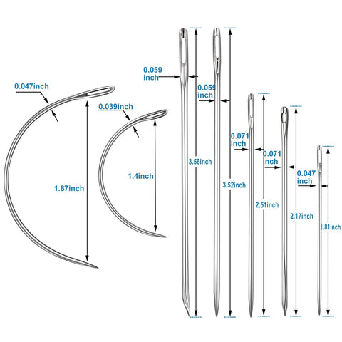 Beefed Up Hand Sewing Needles Kit 14 Piece Set With 10 Leather Needles And 4 Curved Needles shown with various sizes and dimensions.