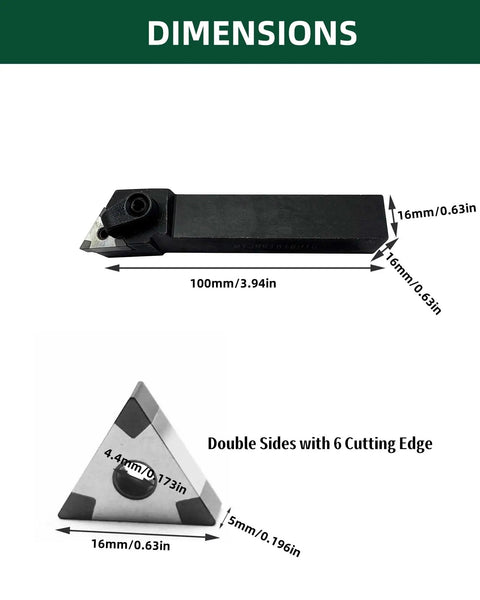 Dimensions of CBN Turning Inserts Set With MTJNR1616H16 Tool Holder showing side view and cutting edge details