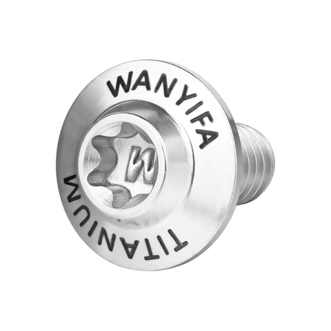 Close-up of Titanium Bolts M5 M6x10 12 15 20 25 30 35mm Torx dished screw head, 6AL-4V lightweight fastener visible with branding.