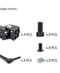 4 Pack Black Aluminum Extrusion Pivot Hinge Sets With Swivel Degree Brackets And Hardware For 1010 1020 2525 T Slot Profiles Includes Handles Screws And Nuts For Easy 1x1 Inch Frame Assembly package contents