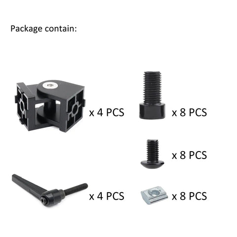4 Pack Black Aluminum Extrusion Pivot Hinge Sets With Swivel Degree Brackets And Hardware For 1010 1020 2525 T Slot Profiles Includes Handles Screws And Nuts For Easy 1x1 Inch Frame Assembly package contents