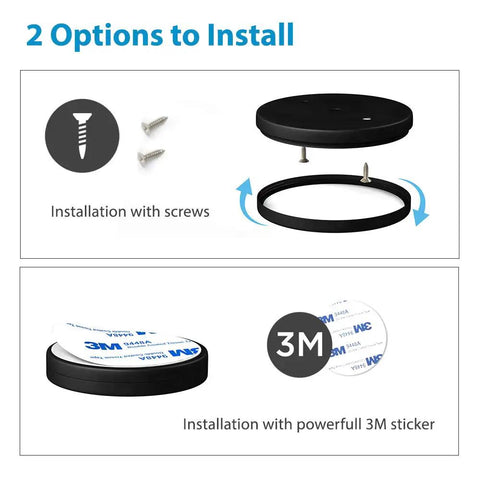 Installation options for Under Cabinet LED Puck Lights With Dimmer Switch, Dimmable Setup, showing screws and 3M sticker