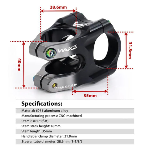 Zero Degree Go-To Short Mountain Bike Stem 31.8 Clamp 35mm Length Aluminum 6061 T6 Alloy with specifications diagram