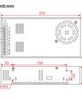 Technical drawing of Beefy 600W 36V DC Switching Power Supply with dimensions in millimeters, side and top view details shown.