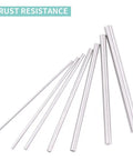Rust-resistant stainless steel rods from DIY Metal Rod Set 21 Pcs Brass, Stainless Steel, Aluminum Lathe Bar Stock, Round Rods 2mm to 8mm Diameters, 100mm Length, 7 Sizes Each Material, Clear Storage Box, Perfect for Craft, Jewelry Making, and Hobby Lathe Projects.