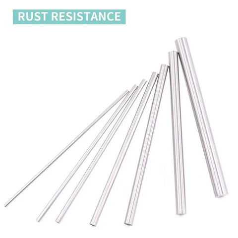 Rust-resistant stainless steel rods from DIY Metal Rod Set 21 Pcs Brass, Stainless Steel, Aluminum Lathe Bar Stock, Round Rods 2mm to 8mm Diameters, 100mm Length, 7 Sizes Each Material, Clear Storage Box, Perfect for Craft, Jewelry Making, and Hobby Lathe Projects.