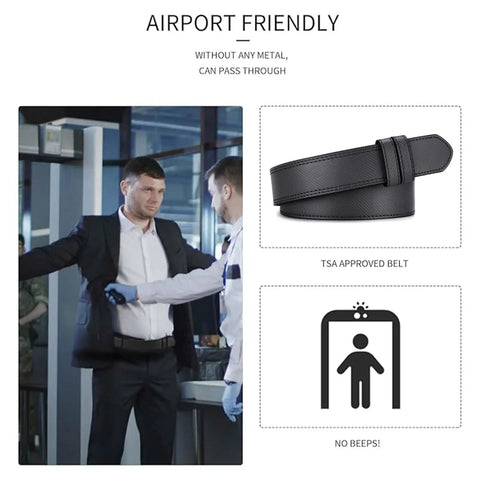 Mechanic Belt For Men No Scratch TSA Approved Non Metal Hypoallergenic Black Leather Buckleless Belt at airport security