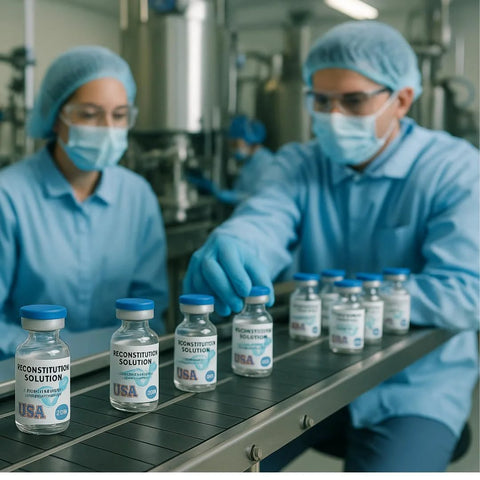 Front view of clear glass vials with blue caps on a stainless steel conveyor in a lab, labeled Reconstitution Solution