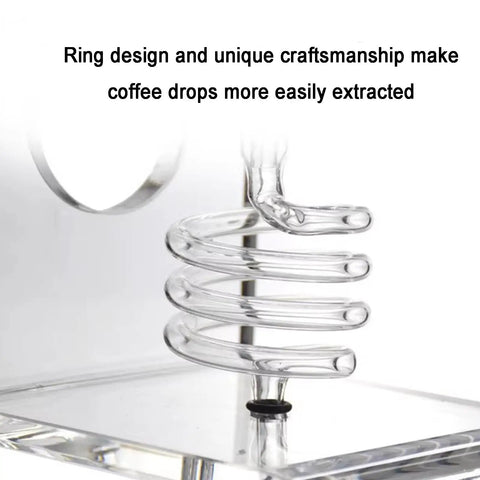 Topnotch Cold Brew Coffee Maker With Slow Drip Ice Tank And Large Capacity Glass Carafe On Solid Wood Base close-up of drip system.