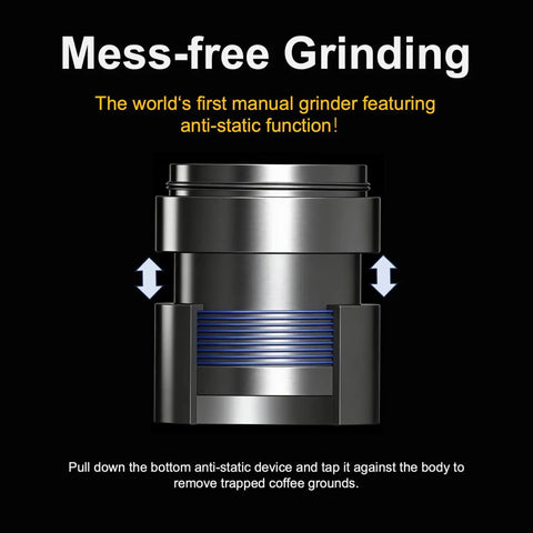Portable Manual Coffee Grinder With Foldable Handle And External Adjustment For A Clean Grind Aluminum Body And Stainless Steel Burr