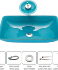 Dope Premium Cyan Rectangular Glass Bathroom Vessel Sink Countertop Vanity Basin Featuring Brass Waterfall Faucet Badass Scratch Resistant Finish For Your Crib, top view with faucet.