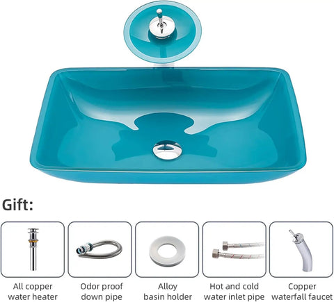 Dope Premium Cyan Rectangular Glass Bathroom Vessel Sink Countertop Vanity Basin Featuring Brass Waterfall Faucet Badass Scratch Resistant Finish For Your Crib, top view with faucet.