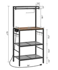 Rustic Brown And Black Bakers Rack With Storage And Microwave Stand, Paper Holder, Power Outlet, Coffee Bar Station, Six Hooks