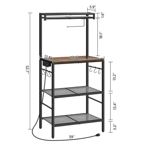 Rustic Brown And Black Bakers Rack With Storage And Microwave Stand, Paper Holder, Power Outlet, Coffee Bar Station, Six Hooks
