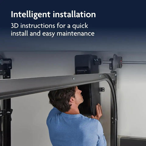 Person installing Ultra Quiet Wall Mount Garage Door Opener With Battery Backup And MyQ Smart WiFi Control LED Lighting