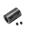 Side view of black oxide steel rigid shaft coupling, 1/2" bore, 1" OD, 1-1/2" length, with two set screws.