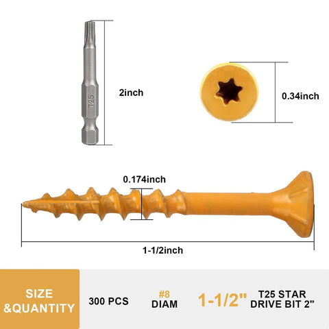 1-1/2 Inch Tan Epoxy Coated Deck Screws Size Eight 300 Pack Rust Resistant Outdoor Wood Screws For Timber And Fence With Torx Drive T25 Bit Included Salt Spray Tested Built To Last