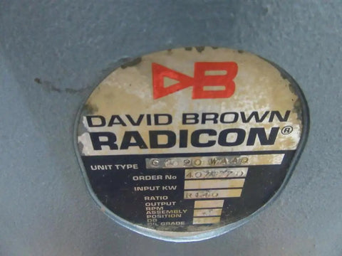David Brown Radicon label on Heavy Duty C1020WAAQ Gear Reducer with specifications and branding information.