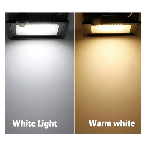 JUDYSSY Pir Motion Sensor Led Flood Light Waterproof Spotlights 30W 50W 100W showing white light and warm white light options.