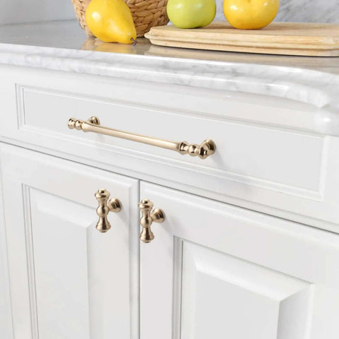 Premium Brushed Brass Cabinet Handles 6 Pack Fresh Gold Drawer Pulls For Kitchen Cupboards on white cabinets with fruit.