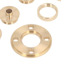 Professional Grade Brass Router Guide Kit 11 Piece Template Bushing Set 10mm To 30mm Range showing brass bushings and flanges.
