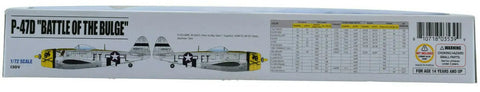Side view of P47D Battle Of The Bulge 1 To 72 Scale Plastic Model Airplane Kit packaging, featuring model illustration and details.
