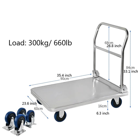 The Ultimate Stainless Steel Foldable Push Cart Platform Truck For No Stress Tool Haulin And Appliance Moving Boasting Thick Panels and rolling wheels.
