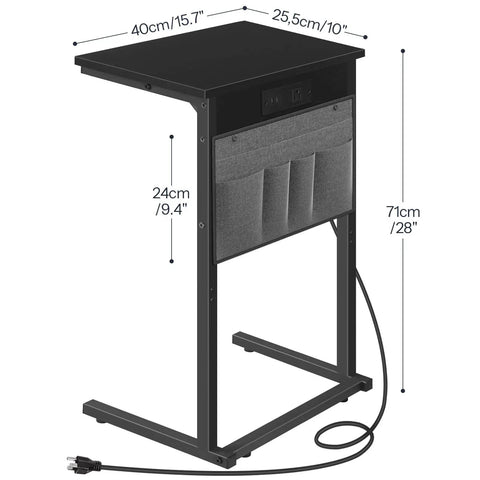 C Shaped End Table With Built In Charging Station For Small Spaces 28 Inch Tall Couch Side Table With 2 Tier Storage Pouch The Space Saving Under Sofa TV Tray For Living Room Includes AC Outlet USB Port And Type C Black
