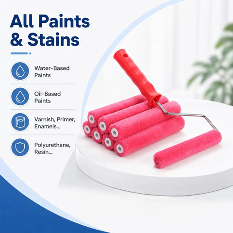 Six Inch Mohair Paint Roller Covers With Sturdy Frame Kit Including Ten Extra Covers For Wall Painting Projects, red rollers displayed.