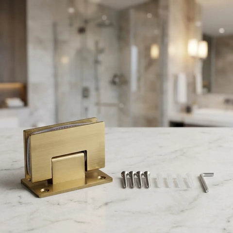 Glass Door Hinges For Shower And Office Partitions With A Smooth 180 Degree Swing And Stable Panels, Heavy Duty Rust Resistant 304 Stainless Steel For Bathrooms, Laundry Rooms, And Humid Spaces. Brushed gold hinge with screws on marble surface