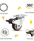 Smooth Riding Low Profile Rubber Casters, Silent 360 Swivel Wheels for Home Office Desks and Furniture with dual locking feature.