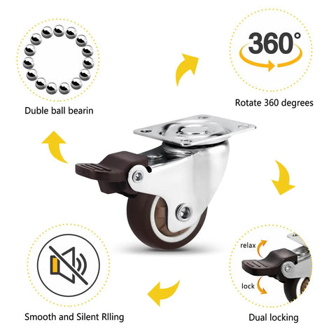 Smooth Riding Low Profile Rubber Casters, Silent 360 Swivel Wheels for Home Office Desks and Furniture with dual locking feature.