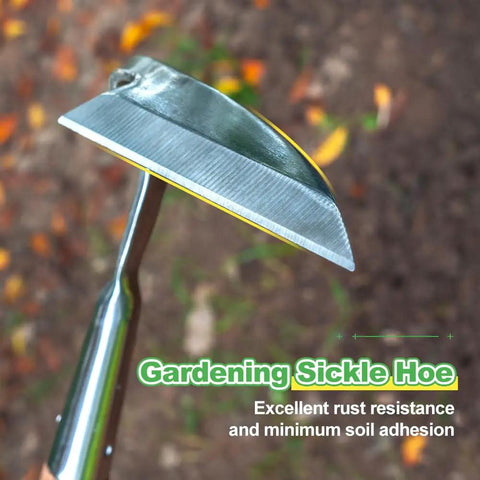Close-up of stainless blade on Japanese Weeding Sickle Long Handle Garden Hoe for easy weeding cultivating soil loosening.