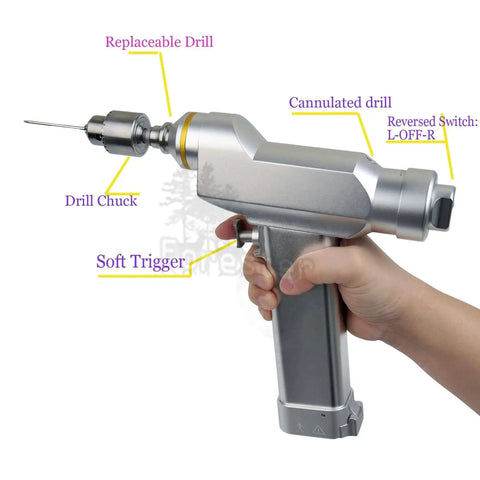 Heavy Duty Veterinary Bone Drill Machine Featuring Rechargeable NiMH Battery with soft trigger and replaceable drill chuck.