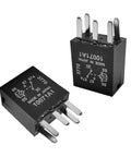 Heavy Duty 12V 5 Pin 30A Automotive Fuel Pump Relay Two Piece Set direct plug and play black relays for vehicle use.