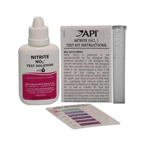 No Fuss Nitrite Test Kit For Freshwater And Saltwater Aquariums with nitrite solution, instructions, and color matching card.